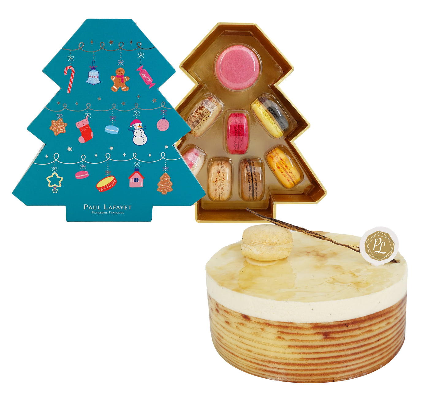Sweet Bundle 4: Christmas Tree Macaron Gift Box (8pcs) + Any Delight Cake